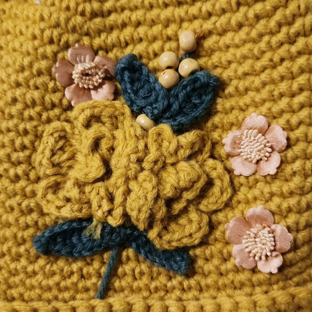 TWO Knit Beanies with Floral Bead Design Like New!